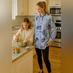 Joe  Fresh blouse, 3/4 button placket, round neck, blue pinstripe,floral design